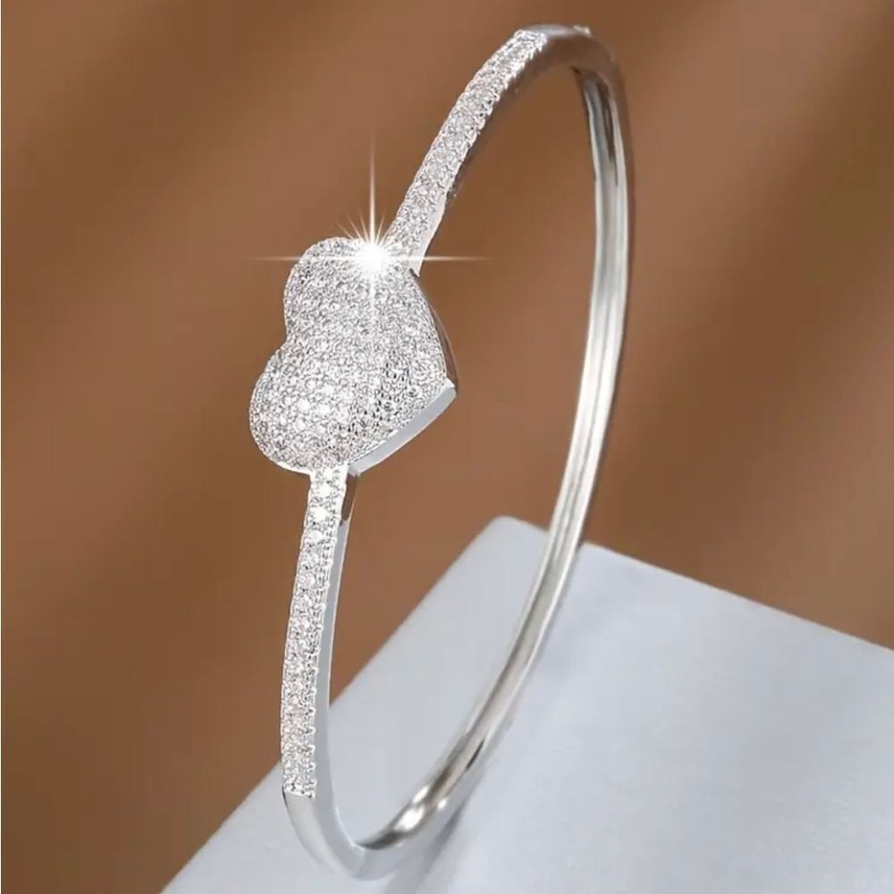 Silver Heart  Diamond Bracelet Bangle